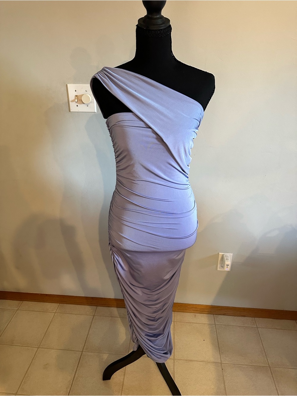 Bella Canvas One-Shoulder Lilac Ruched Midi Dress
